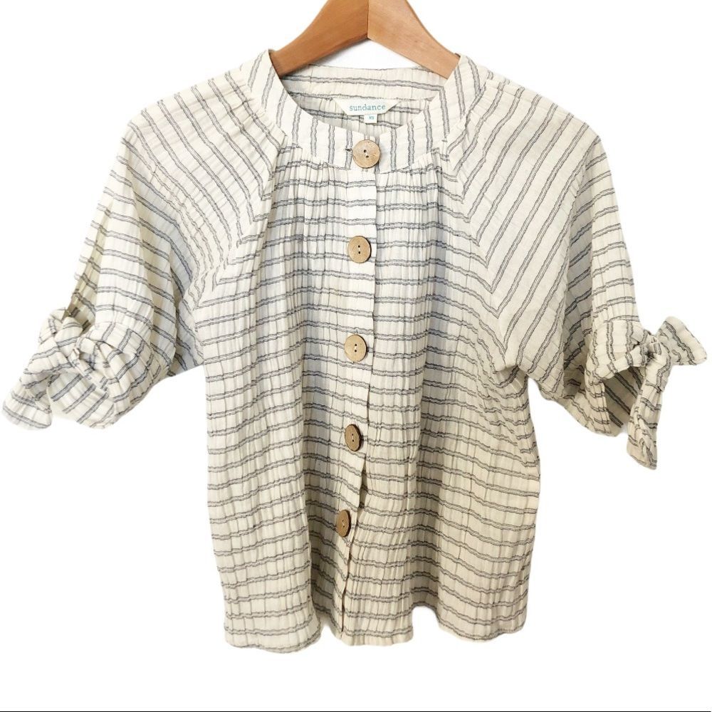 Sundance Striped Button Front Tie Sleeve Blouse XS